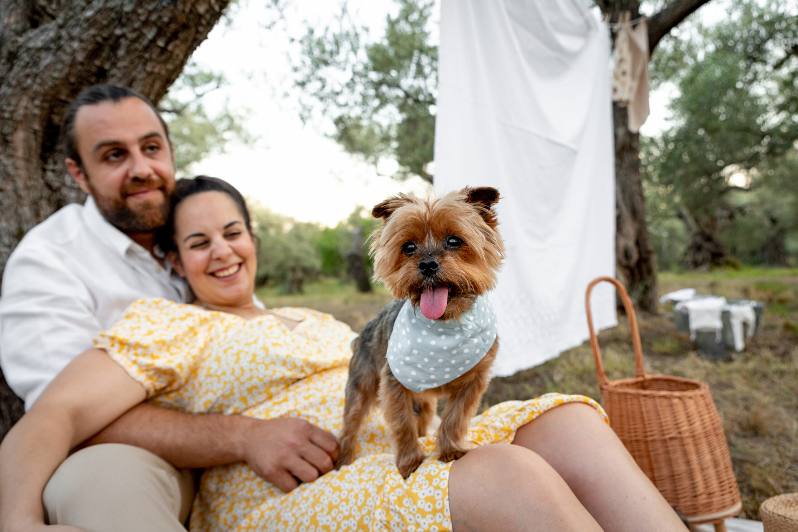 Happy young couple with their dog, expecting baby. Pregnancy concept.
